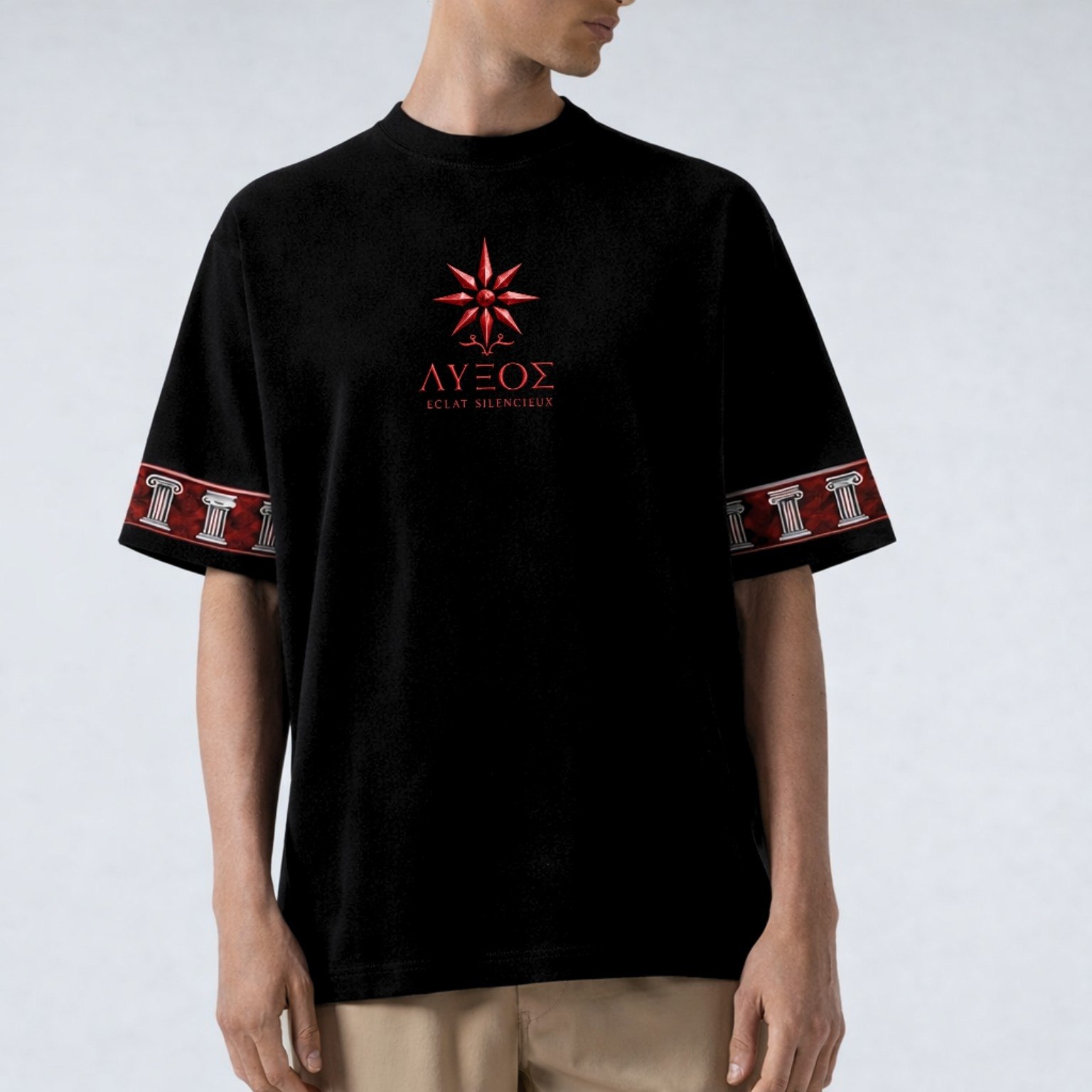 LKS-PROTO.0 — T-shirt noir signature 270 GSM porté, étoile crimson et bandes de colonnes sur les manches