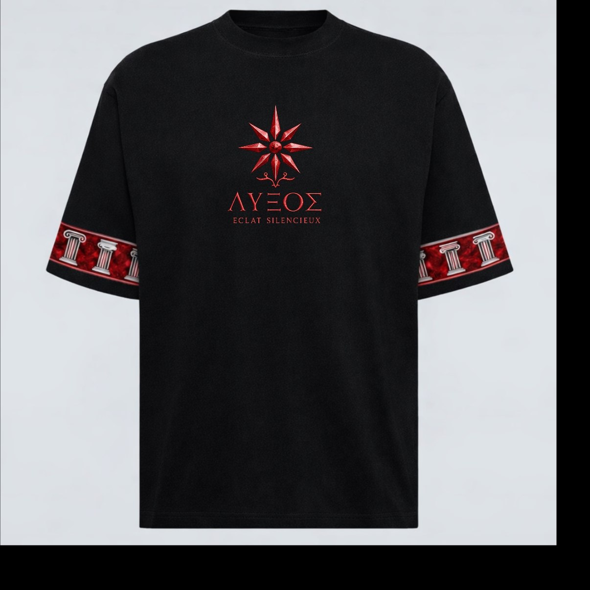 LKS-PROTO.0 — T-shirt noir à plat, détail signature crimson